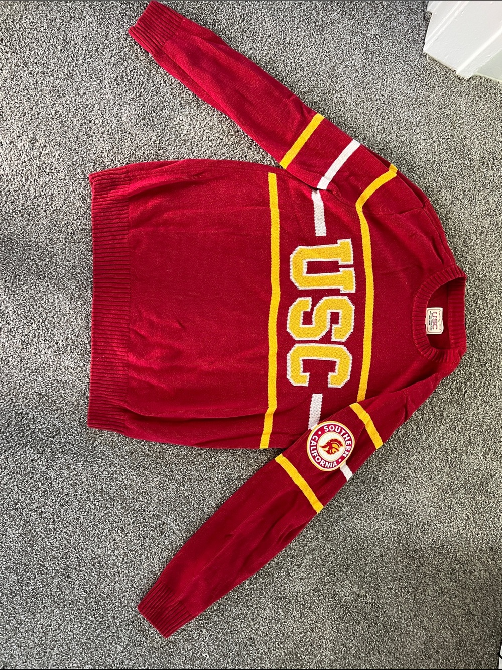 American Needle Red USC Crewneck Sweater with Gold & White Stripes